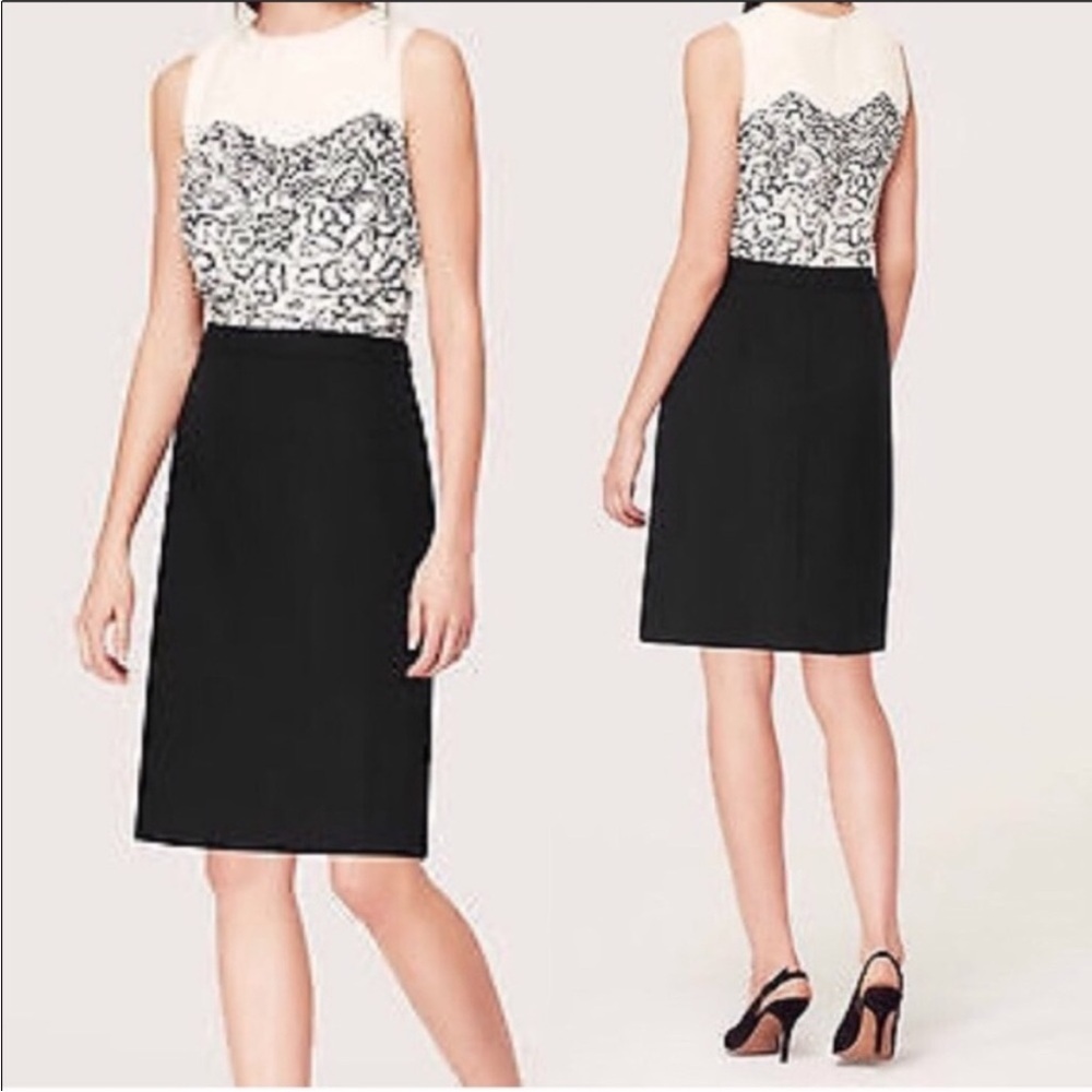 LOFT ANN TAYLOR DRESS IVORY WITH BLACK PATTERN AND BLACK BOTTOM HALF SIZE 4
